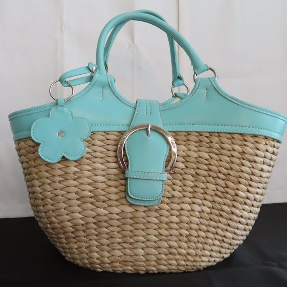 Coldwater Creek Handbags - Wicker Tote/Handbag with Turquoise Blue Leather Detail - Coldwater Creek ❧